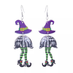 Purple witch hat and striped legs dangle earrings with black shoes
