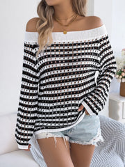 Off-shoulder striped mesh knit sweater with a relaxed fit and open knit details.