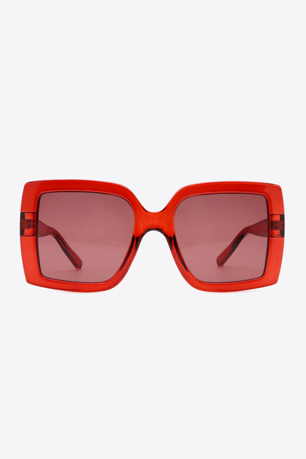 Crimson acetate rectangular sunglasses with pink lenses and bold frames.