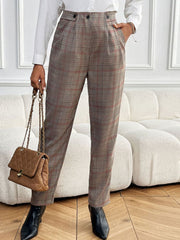 High-waisted taupe plaid trousers with pleat detail and button closure.