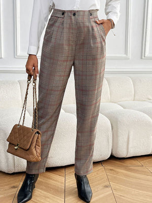 High-waisted taupe plaid trousers with pleat detail and button closure.