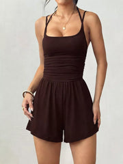 Ruched Spaghetti Strap Romper in Olive Green, model styling view