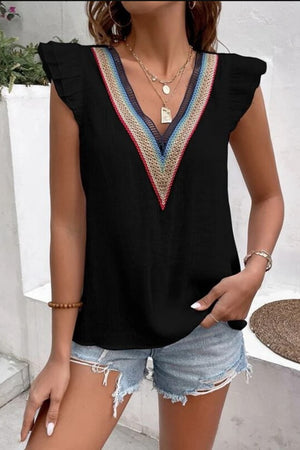 Black blouse with embroidered trim V-neck and flutter sleeves