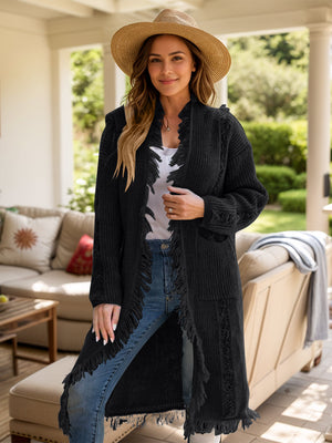 Black acrylic maxi cardigan with textured fringe detail and open front.
