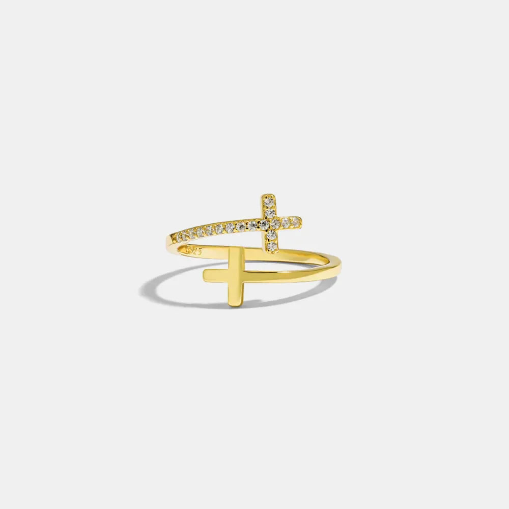 Gold open ring with two crossed crosses, one with clear stones, 925 sterling silver