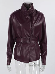 Stand Collar Belted Faux Leather Jacket in Wine Red, view 14