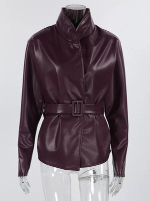 Stand Collar Belted Faux Leather Jacket in Wine Red, view 14