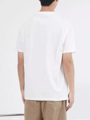 White cotton crew neck t-shirt with short sleeves, back view.