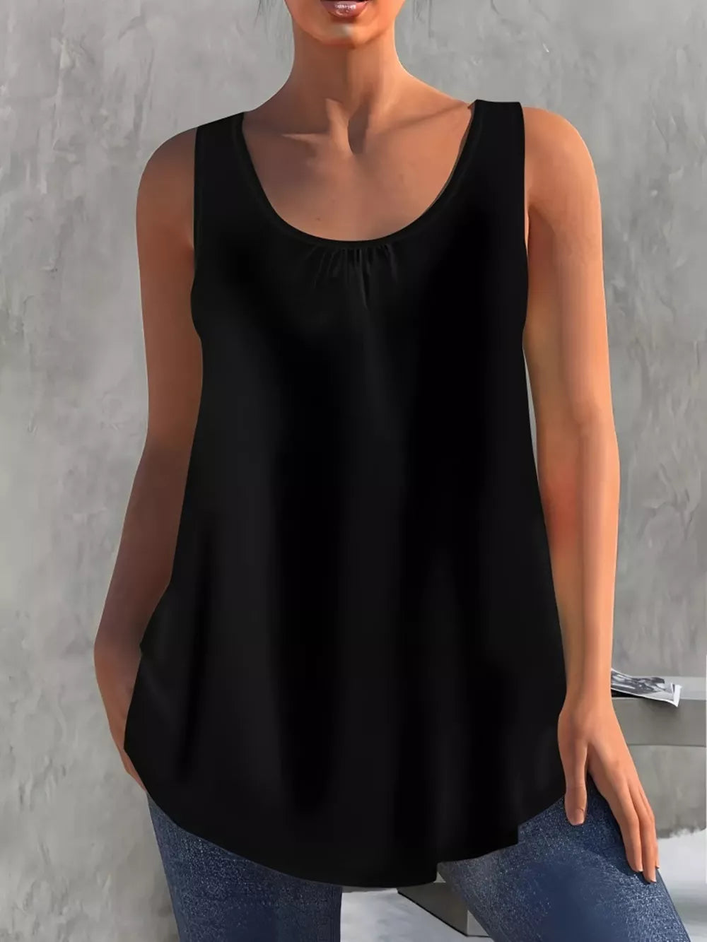 Black polyester scoop neck tank top with A-line cut and gathered neckline detail.
