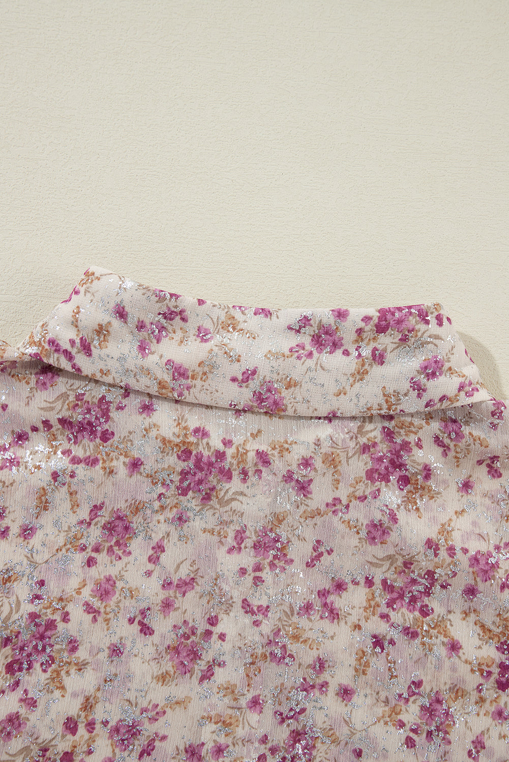 Sequin floral print blouse in dusty pink with a button-down collar.