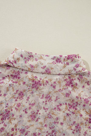 Sequin floral print blouse in dusty pink with a button-down collar.