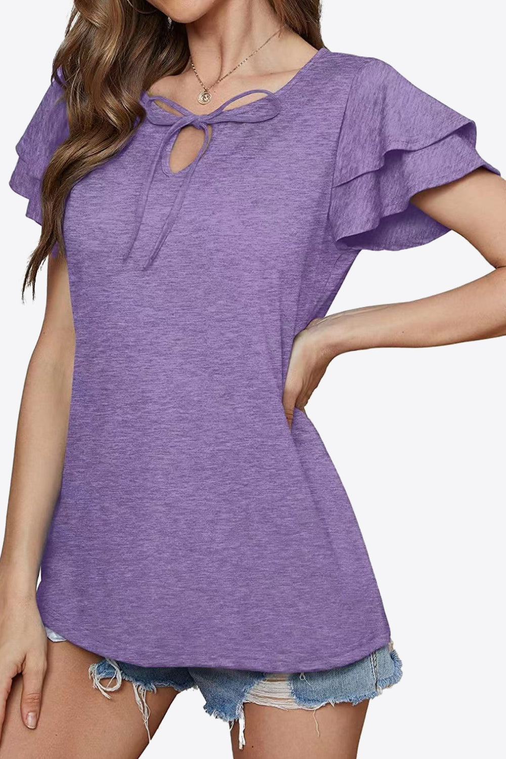 Dusty Purple tiered sleeve keyhole blouse with tie detail
