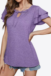 Dusty Purple tiered sleeve keyhole blouse with tie detail