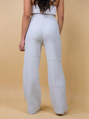 Light gray ribbed knit palazzo trousers with a wide leg