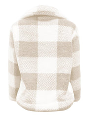 Fluffy tan and white plaid zip-up shacket with a collar.
