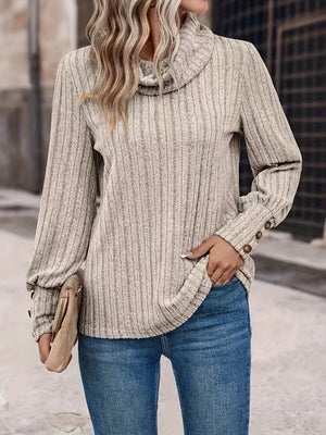 Ribbed cowl neck sweater in tan with button cuff detail and long sleeves.