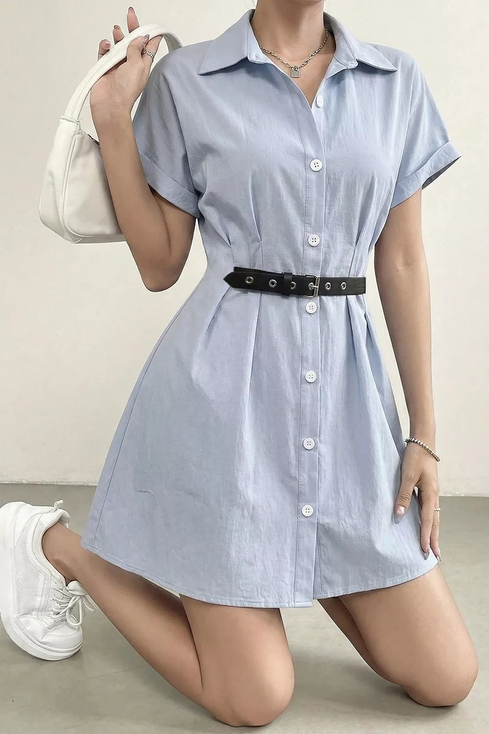 Button Up Short Sleeve Shirt Dress in Light Blue, close-up detail