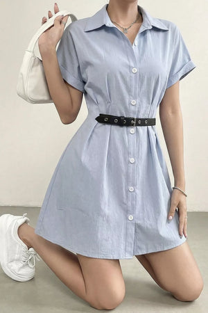 Button Up Short Sleeve Shirt Dress in Light Blue, close-up detail