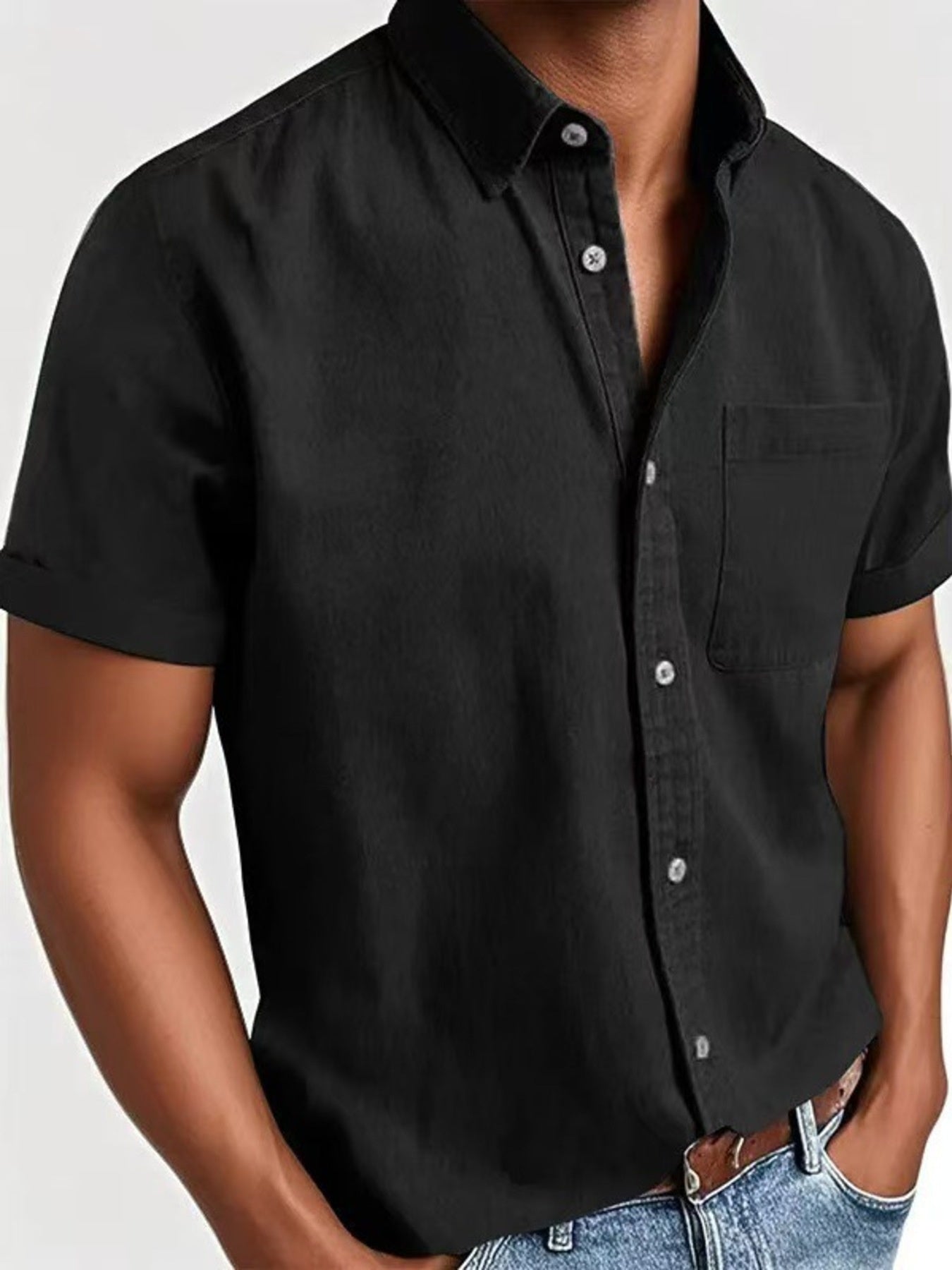 Men's black short sleeve button-down shirt with chest pocket