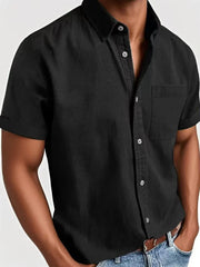 Men's black short sleeve button-down shirt with chest pocket