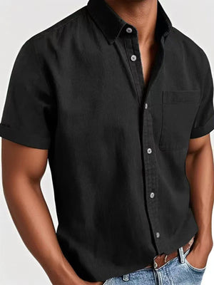 Men's black short sleeve button-down shirt with chest pocket