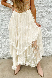Ivory lace midi skirt with ruffled tiers and a tiered hem.