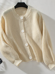 Cream ribbed button-up cardigan with round neckline and balloon sleeves