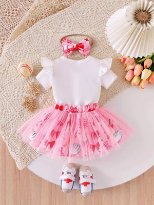 Children's Letter Graphic Bodysuit And Skirt Set in White, back view