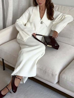 Milky white ribbed knit cardigan with wide collar and button-down front, paired with a matching midi skirt.