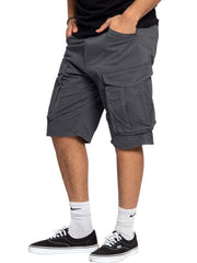 Dark gray cargo shorts with multiple pockets and a relaxed fit.