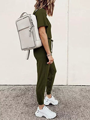 Army green casual round neck top and jogger pants set with drawstring waist.