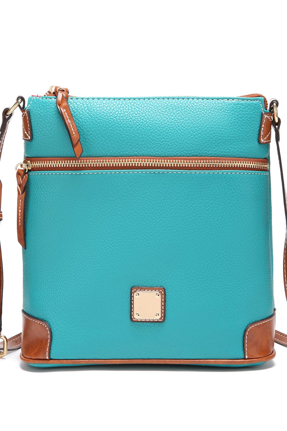 Turquoise leather crossbody bag with brown trim and gold hardware.