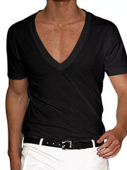 Men's Full Size Deep V-neck T-shirt Plus Size in Khakis, close-up detail