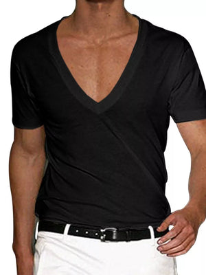 Men's Full Size Deep V-neck T-shirt Plus Size in Khakis, close-up detail