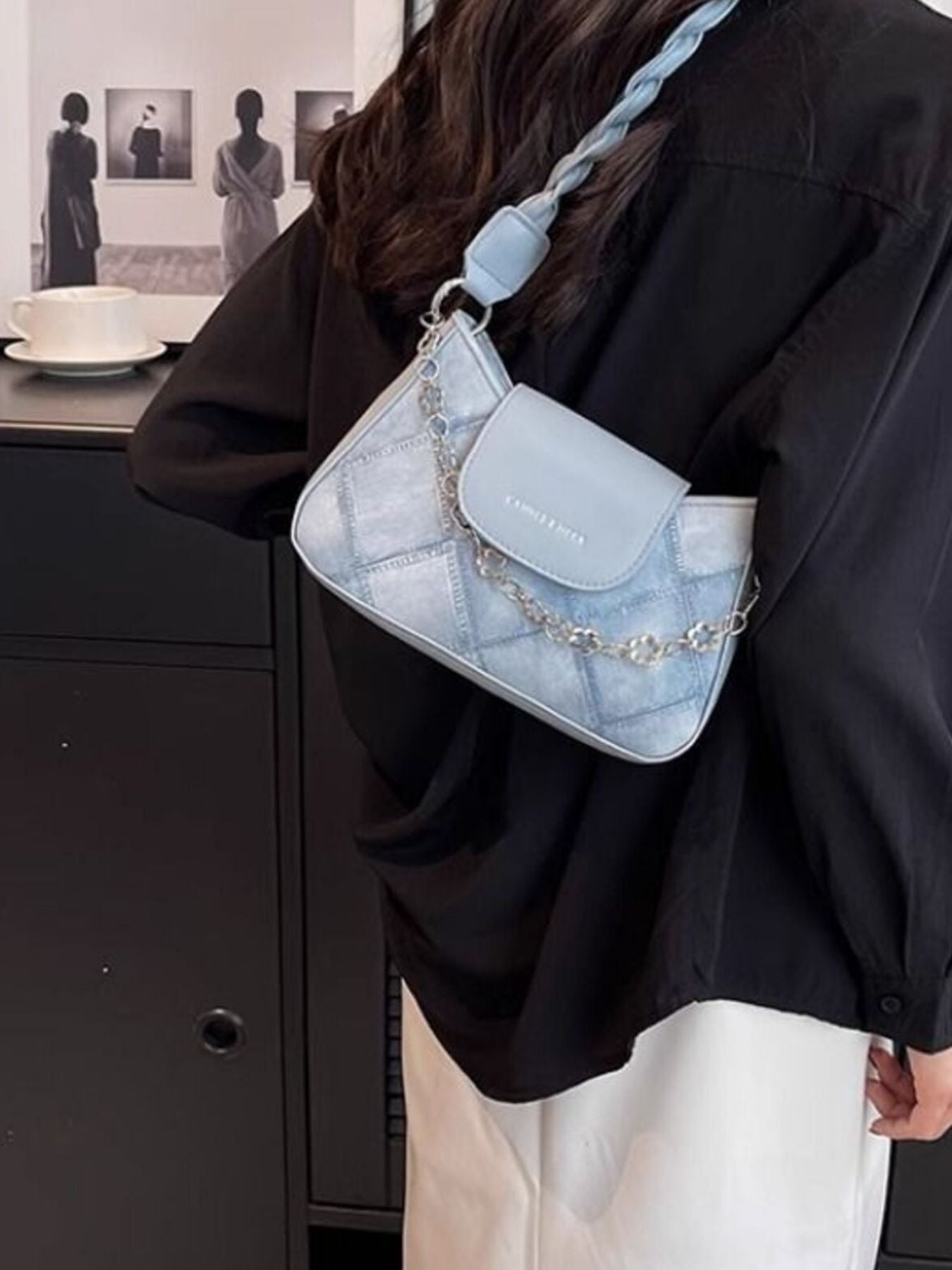 Blue textured leather shoulder bag with chain strap and braided strap detail