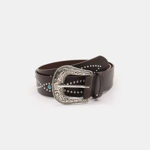 Coffee brown faux leather belt with silver studs and turquoise accents, featuring an antique buckle.