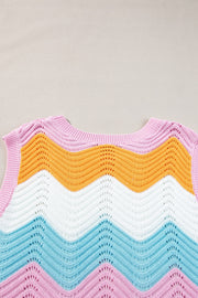 Chevron knit tank top in stripe pattern with open knit details and a crew neck.