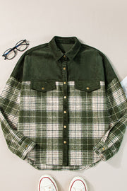 Black Forest corduroy yoke plaid overshirt with two chest pockets and collared neckline.