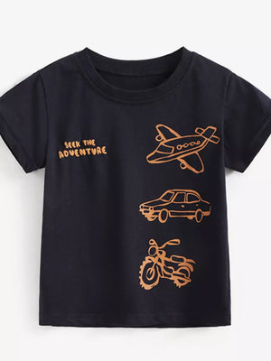Navy toddler t-shirt with airplane, car, and motorcycle graphics and "Seek the Adventure" text.
