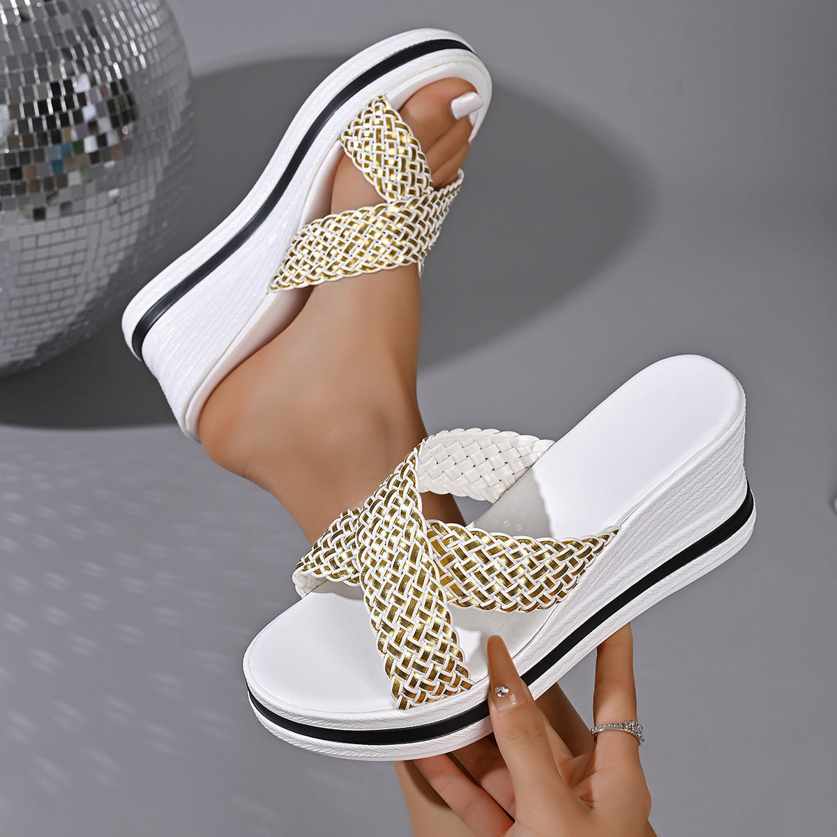 White woven strap high heel sandals with a platform sole.