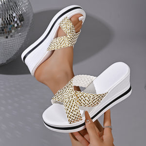 White woven strap high heel sandals with a platform sole.
