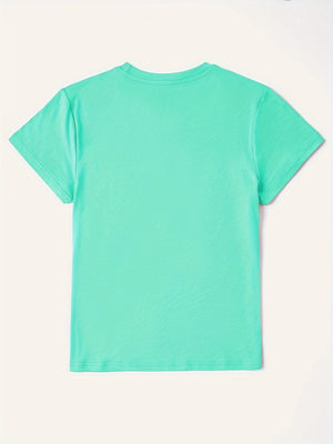 Aqua t-shirt with crew neck and short sleeves, plain back.