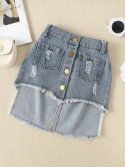 Children's Smocked Top And Denim Skirt Set in Rose Red, model styling view