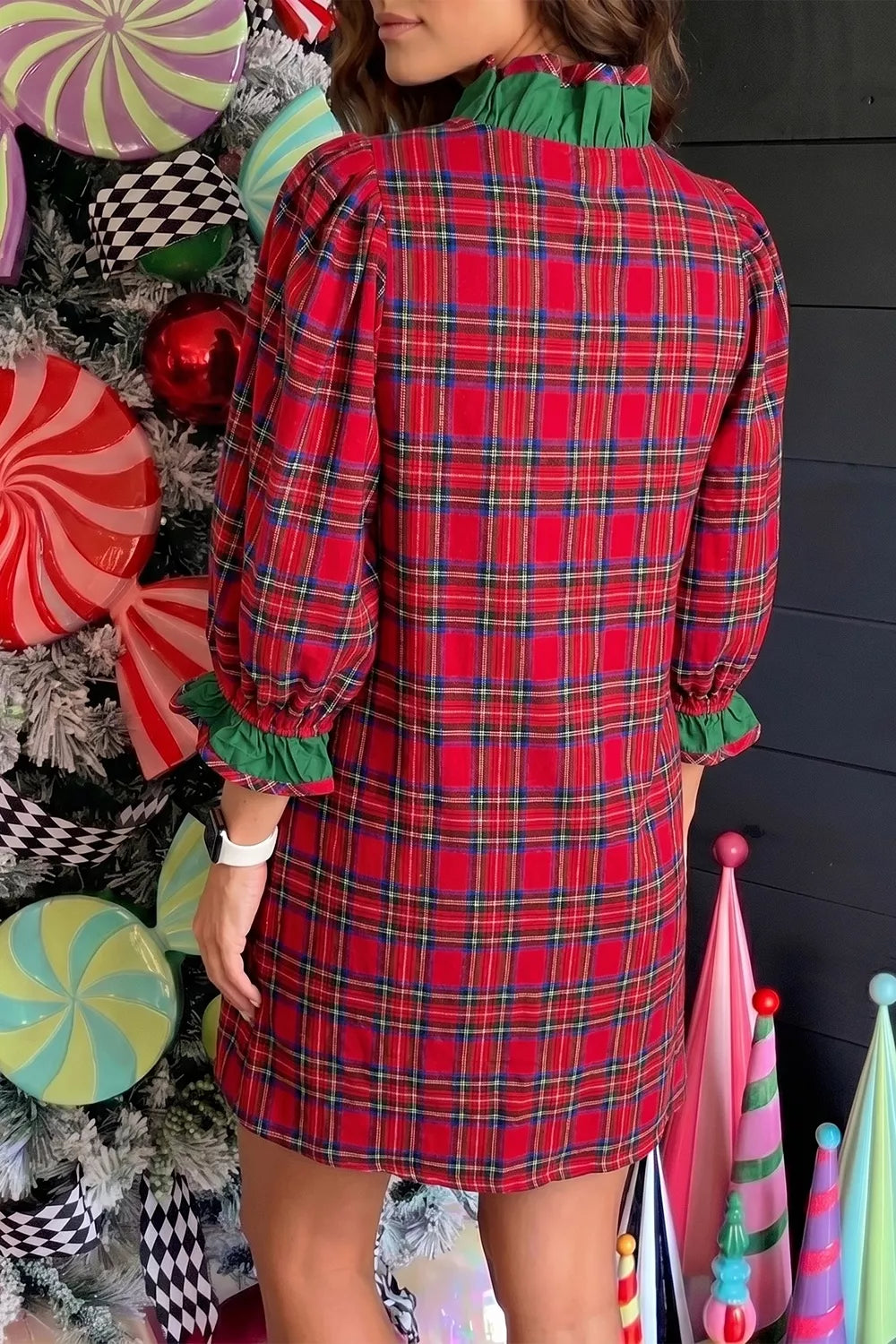 Plaid Ruffle Cuff Button Front Mini Dress in Deep Red, side view