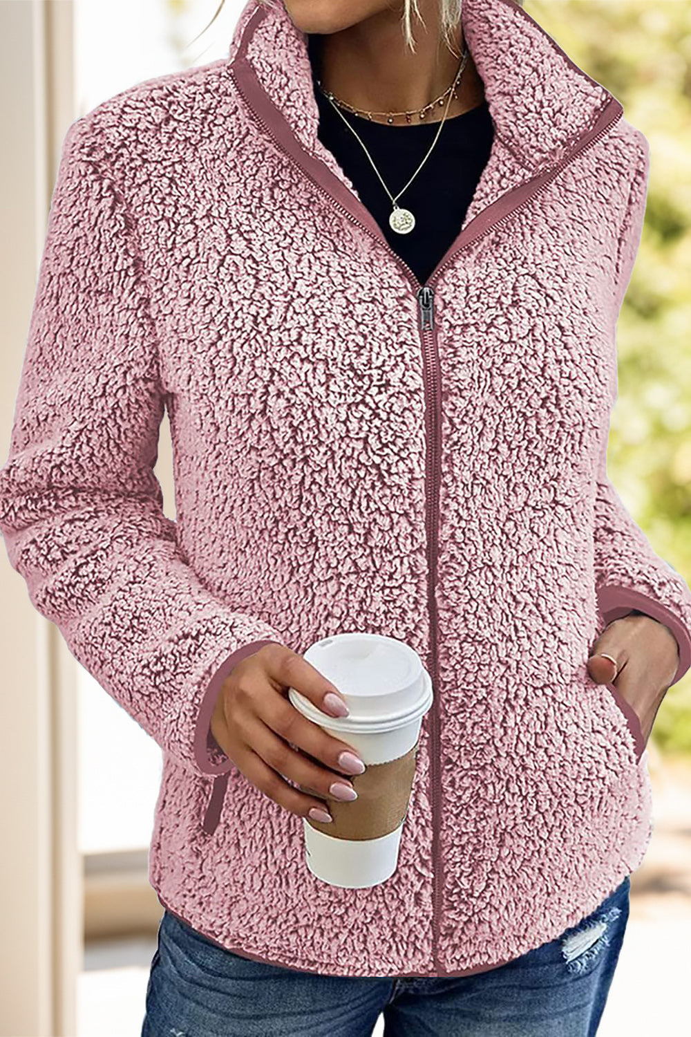 Dusty Pink teddy fleece zip-up jacket with stand-up collar and pockets.
