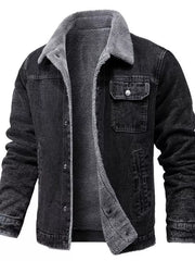 Black denim jacket with sherpa lining and collar, button-up front, chest pockets.