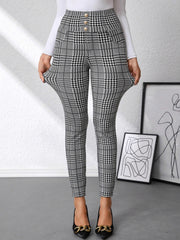 Plaid high waist slim fit ankle length pants with decorative buttons.