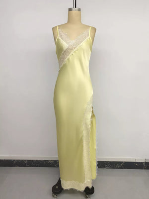 Yellow midi slip dress with lace trim and side slit