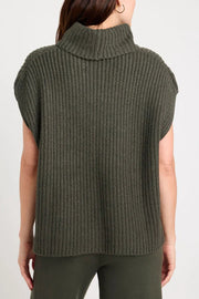 Sleeveless ribbed turtleneck sweater in army green acrylic with a relaxed fit.