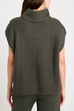 Sleeveless ribbed turtleneck sweater in army green acrylic with a relaxed fit.